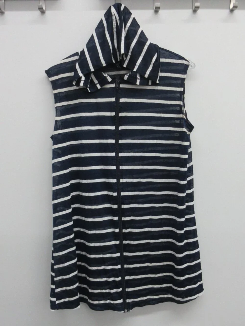 PORTOCRUZ HOODED SWIM COVER UP XL DARK BLUE WHITE STRIPES SLEEVELESS ZIPPED